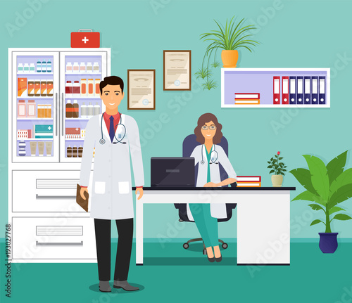 Woman and man doctors in uniform in doctor's office. Medicine employee characters waiting fo patients in clinic.