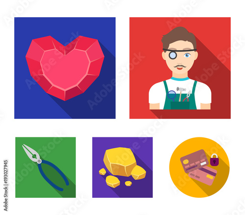 Jeweler, pliers, gold ore, garnet in the form of heart. Precious minerals and jeweler set collection icons in flat style vector symbol stock illustration web.
