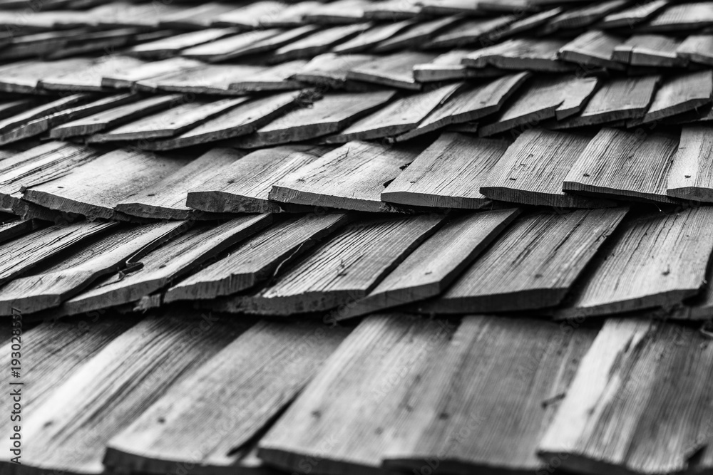 Old Wooden shingles roof, black and white texture pattern Old Wooden shingles roof, black and white texture pattern