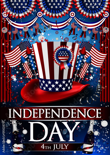 independence day flyer party with lights, confetti, stars, serpentine, rockets blue background photo