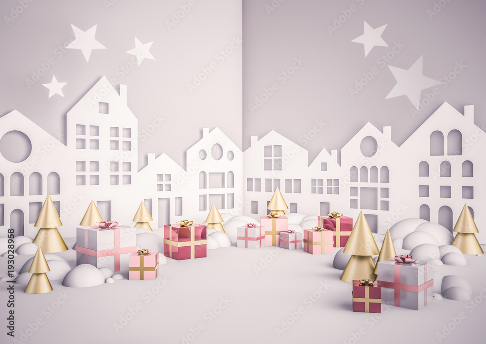 Fototapeta premium White christmas background with empty white space for promo, ads or banner. A lot of pink gift boxes, golden stars, houses in paper craft style. 3D render illustration in dreamy, wonder style.