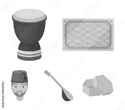 Turkish carpet, saz, drum, turkish men.Turkey set collection icons in monochrome style vector symbol stock illustration web.