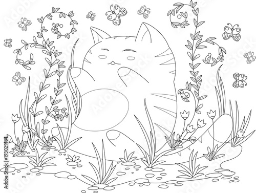 coloring book page for adult and kids. happy kitten with flowers and leaves