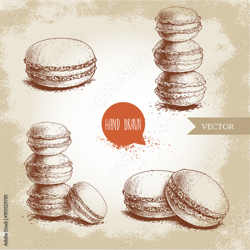 Hand drawn sketch style french pastry macarons set. Collection of sweet goods for menu design, restaurants and shops. Vector illustrations.