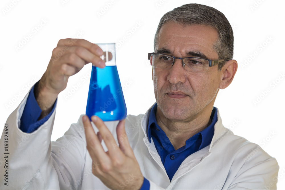 Chemist Holding Up Beaker of Blue Chemical Over White Background Chemist Holding Up Beaker of Blue Chemical Over White Background