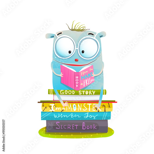 Study and read cutie happy monster. Vector illustration.