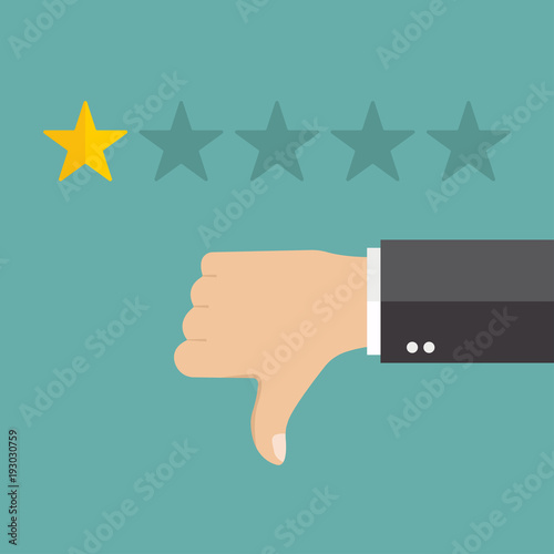 Thumb down pointing at negative one star feedback. Rating, evaluation, success, feedback, review, quality and management concept.