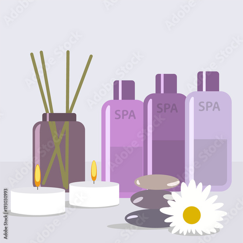 Vector illustration, set for spa treatments with aromatic salt , massage oil, candles advertising poster for the spa salon.