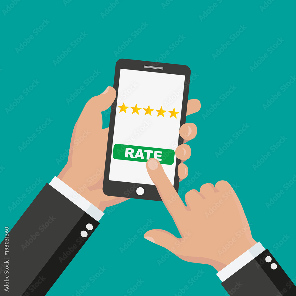 Rate our app flat concept. Hand holds smartphone with 5 stars and rate button on phone screen. Vector illustration - stock vector Rate our app flat concept. Hand holds smartphone with 5 stars and rate button on phone screen. Vector illustration - stock vector