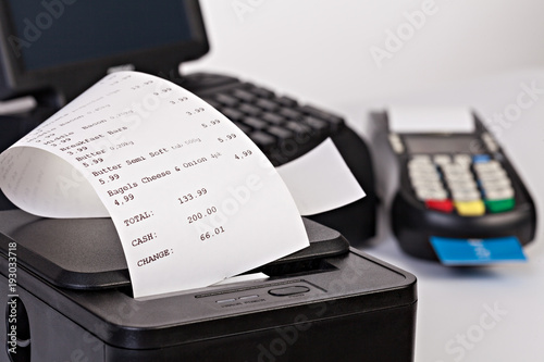 Point of Sale System For Retail or Restaurant with paper shopping bill.