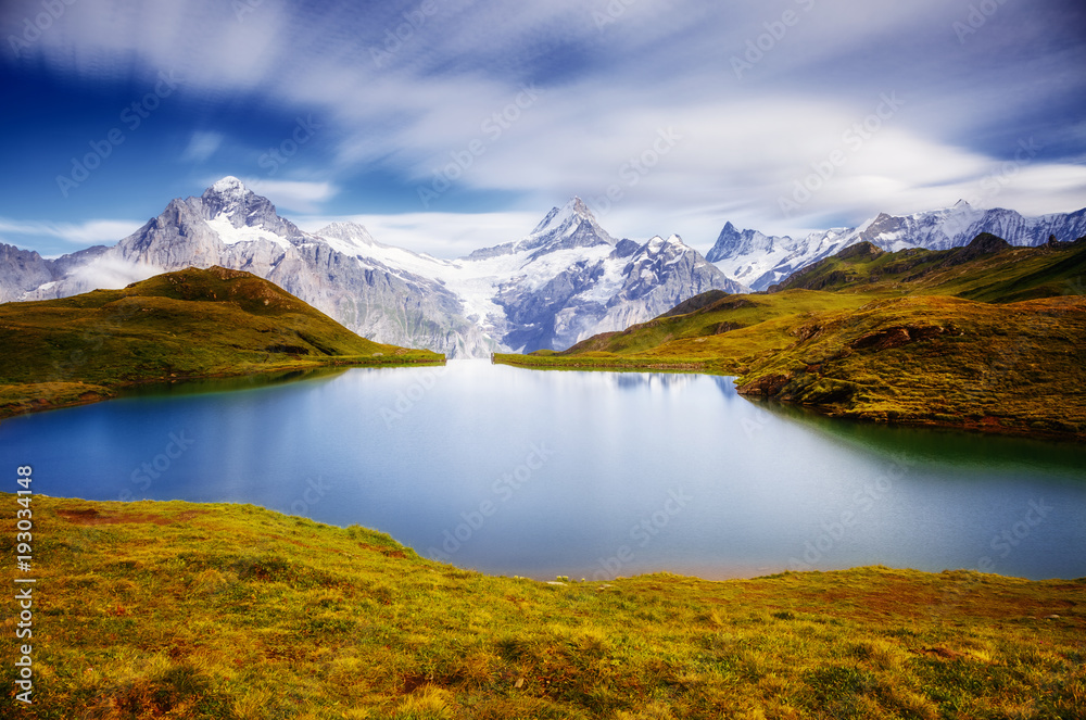 Panorama of Mt. Schreckhorn and Wetterhorn above Bachalpsee lake. Location Swiss alps, Bernese Oberland, Grindelwald, Europe