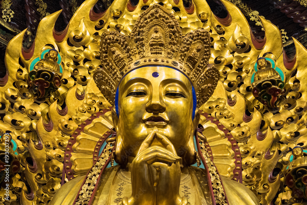 close-up of Buddhist God statue in the ancient longhua temple. China, Shanghai