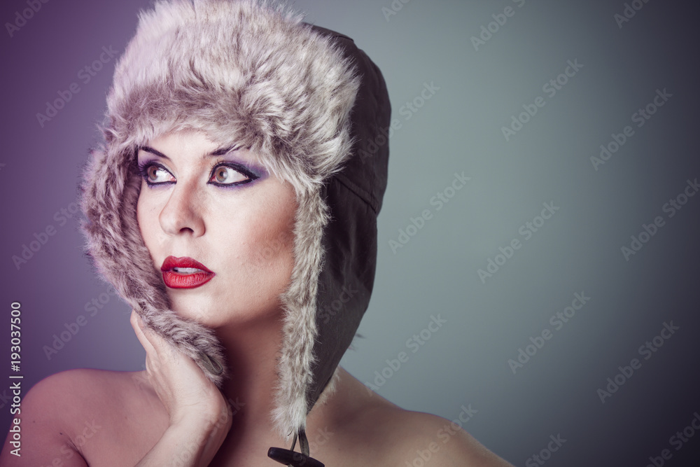Ice, beautiful woman with fur hat, winter concept Ice, beautiful woman with fur hat, winter concept