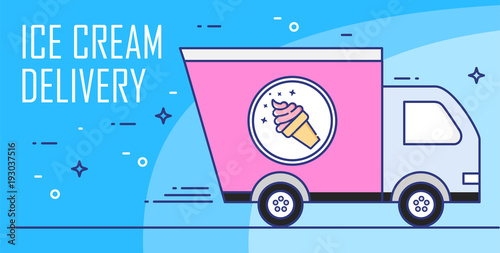 Vector banner for delivery of ice cream. Thin line flat design card. photo