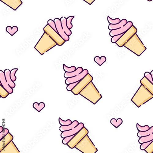 Seamless pattern with contour ice cream and hearts. Thin line flat design. Vector background.