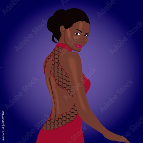 Beautiful afroamerican girl in red dress with black lace