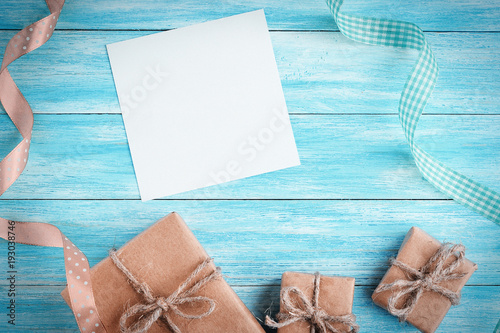 Gift box over wood with copy space, top view