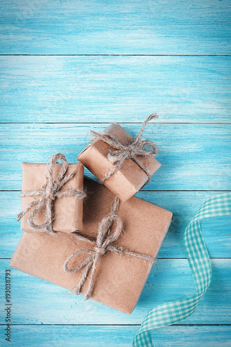 Gift box over wood with copy space, top view