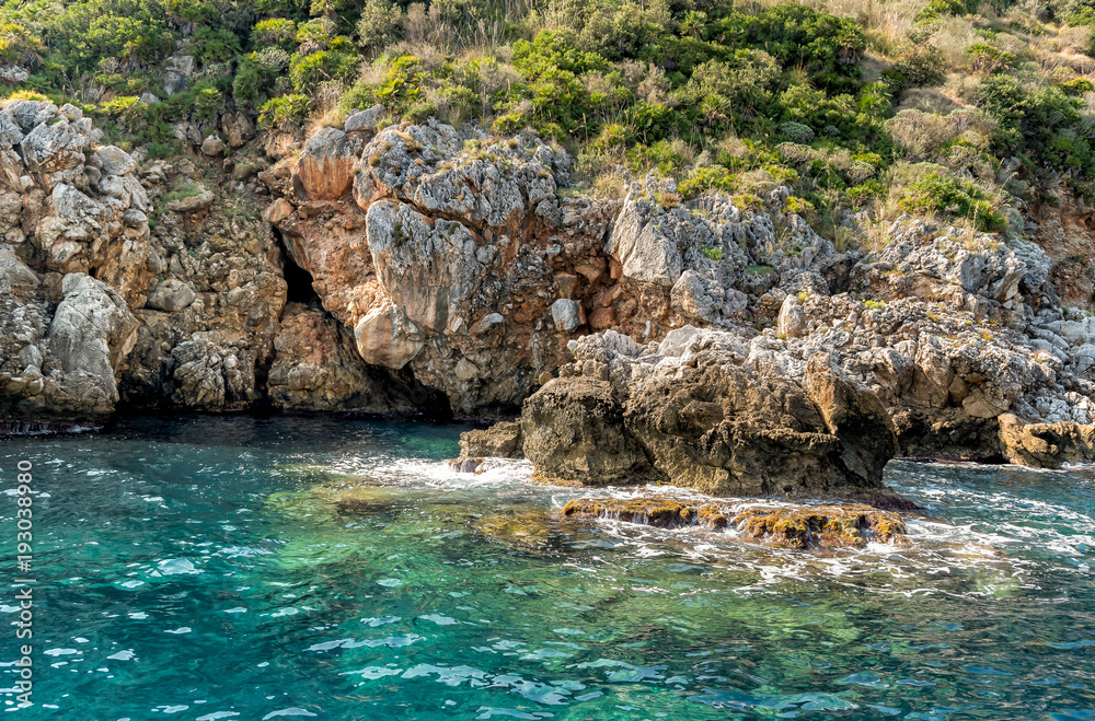 Rocks located along the coast of the Zingaro Nature Reserve in Sicily, Italy