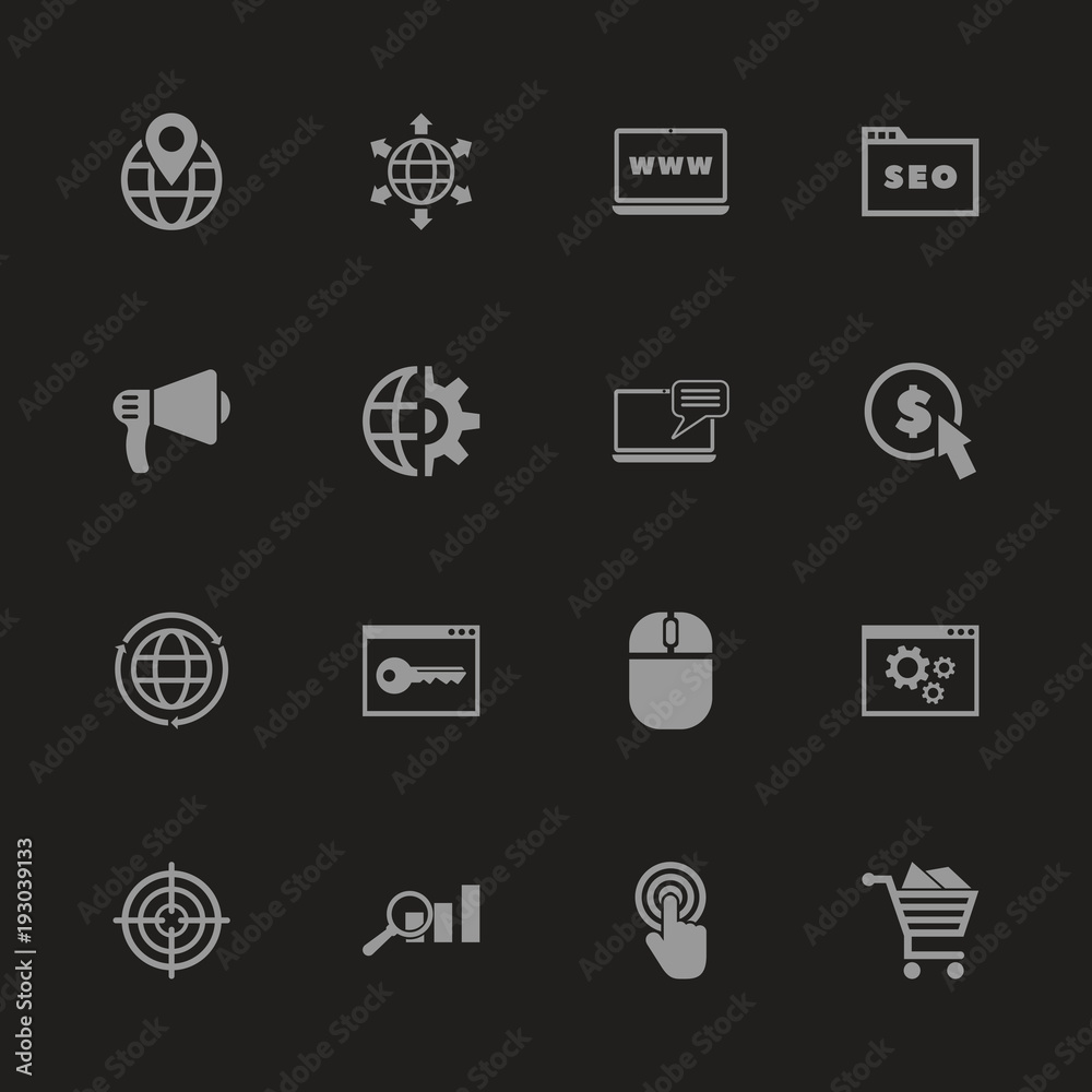 Seo icons - Gray symbol on black background. Simple illustration. Flat Vector Icon.