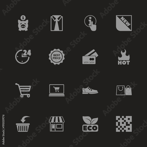 Shopping icons - Gray symbol on black background. Simple illustration. Flat Vector Icon.