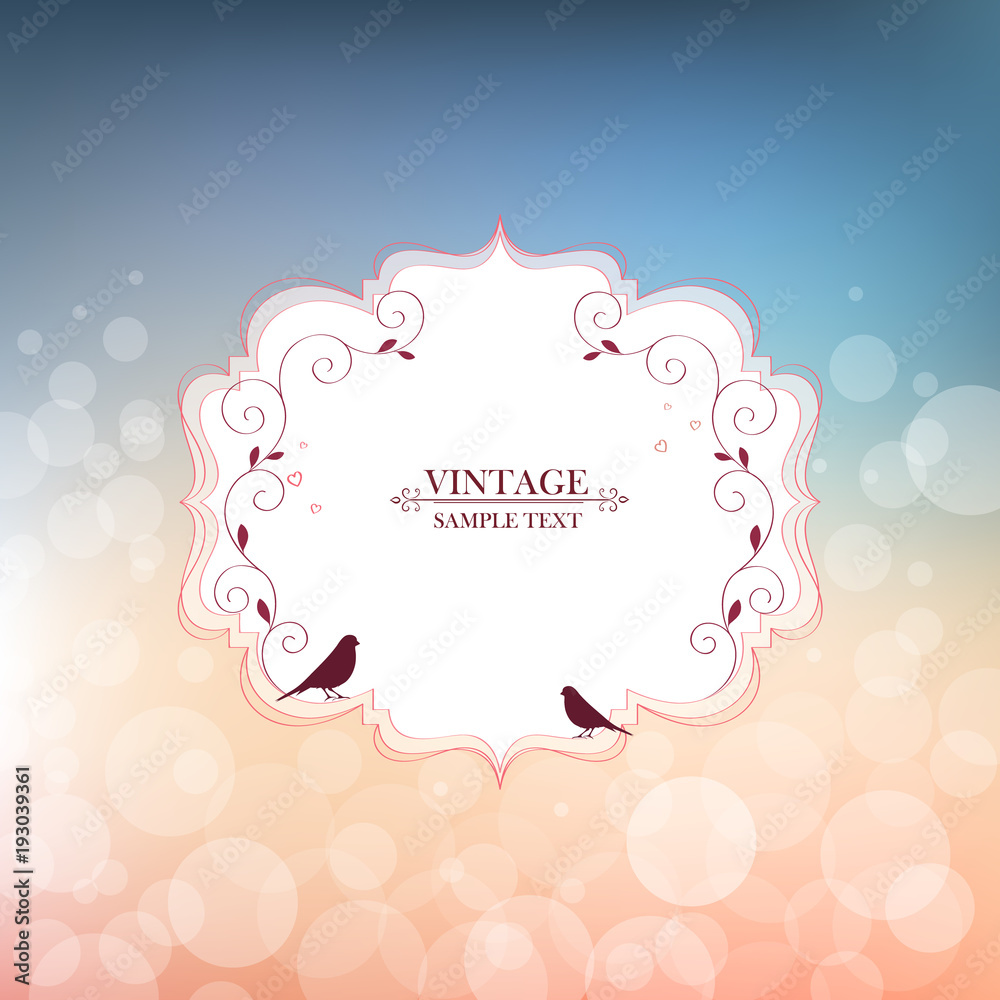 Vintage floral abstract hand-drawn frame with birds. Element for design. Vector illustration.