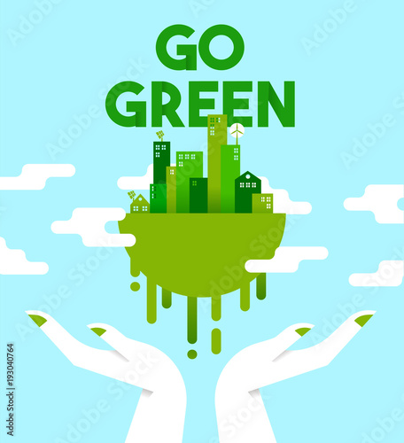 Hands with green city planet for environment care
