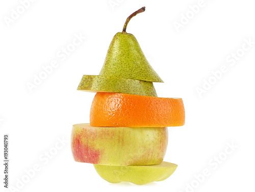 Various type of fruits in slices stacked on white background  fruits sandwich.