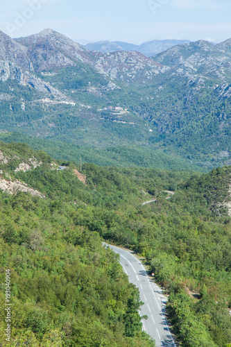 View of the road in the valley between the mountains. Montenegro. 