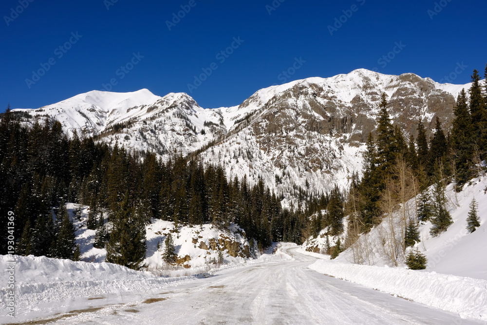 Silverton to Euereka, Colorado in winter following a recent snowstorm.