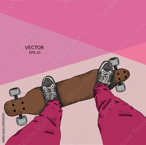 Skateboarder on a skateboard. Grunge background with blots. Vector illustration
