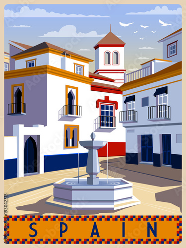 Summer day in small town, Andalusia, Spain. Handmade drawing vector illustration. Retro style.