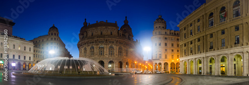 Фотография The Ferrari Square is cultural landmark of night Genoa in Italy