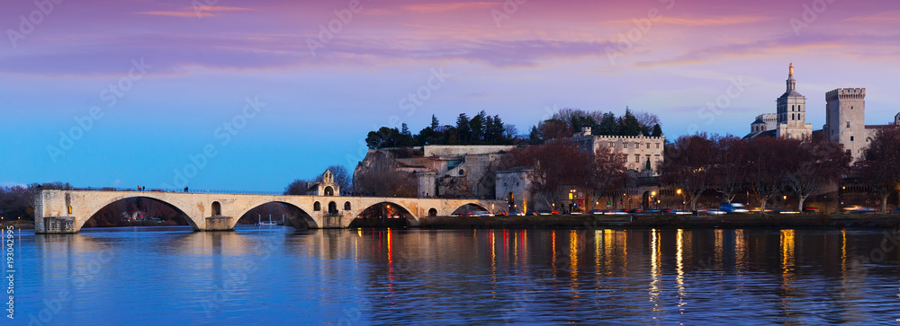 Pont St-Benezet and Avignon Cathedral at sunset, France