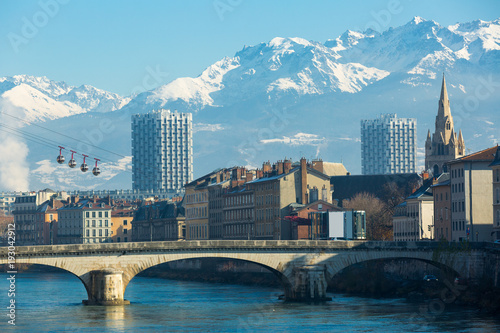 Aerial view of Grenoble cable car with French Alps and bridge photo