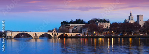 Pont St-Benezet and Avignon Cathedral at sunset, France