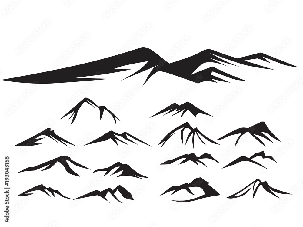 Fototapeta premium Mountains silhouettes on the white background. Vector set of outdoor design elements.