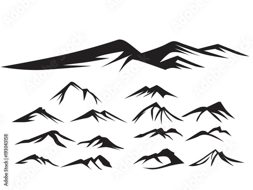 Mountains silhouettes on the white background. Vector set of outdoor design elements.