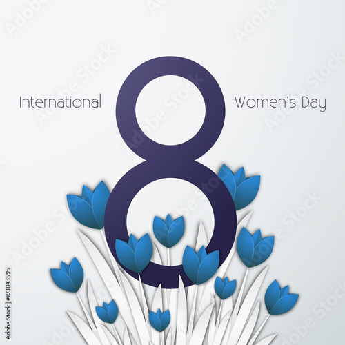 International Women's Day Vector illustration Bouquet of blue tulips in paper cut and the deep lilac number 8 on light background Template for postcard, banner, poster