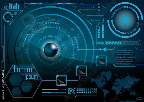 HUD GUI Radar monitor screen. Futuristic game technology outer space background. User interface world map, business abstract infographic template.  Vector.