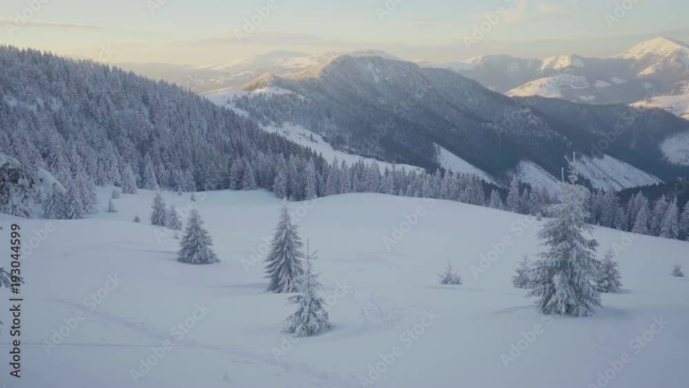 Frozen and snow covered landscape and trees on mountains during winter sunset Frozen and snow covered landscape and trees on mountains during winter sunset