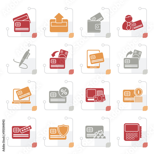 Stylized credit card, POS terminal and ATM icons - vector icon set
