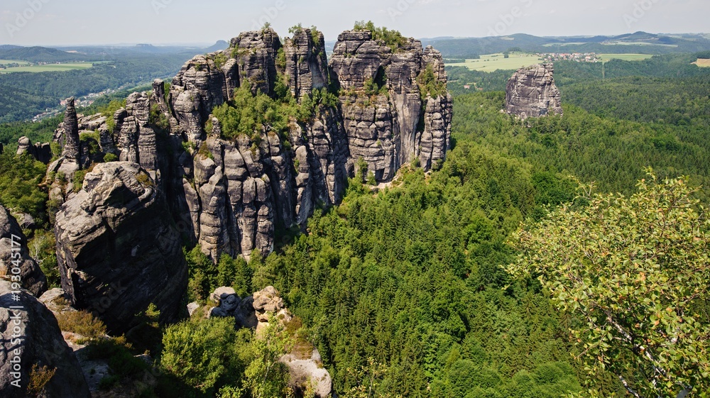 A view of schrammsteine and forests in Saxon Switzerland