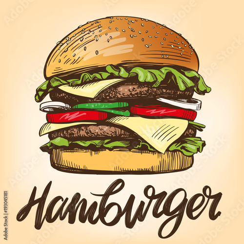 big burger, hamburger hand drawn vector illustration sketch retro style
