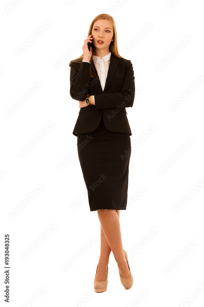 Full length portrait of business woman talking on phone isolated over white background Full length portrait of business woman talking on phone isolated over white background