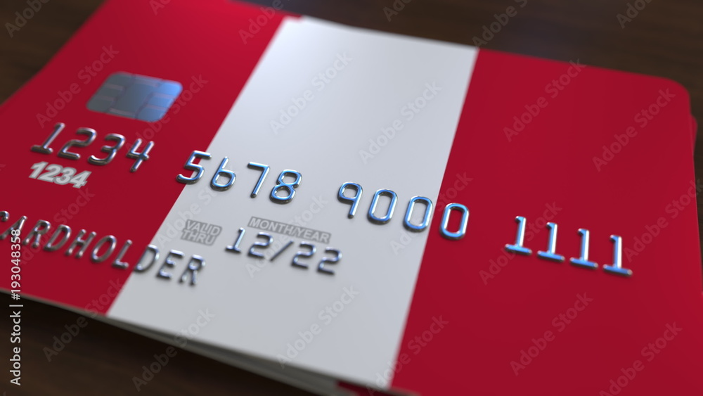 Plastic bank card featuring flag of Peru. National banking system related 3D rendering Plastic bank card featuring flag of Peru. National banking system related 3D rendering