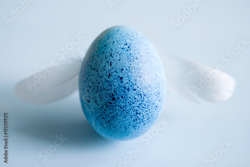 Blue Easter egg with wings from white feathers on a blue background, soft focus. Conceptual image of egg in the form of an angel by Easter holiday