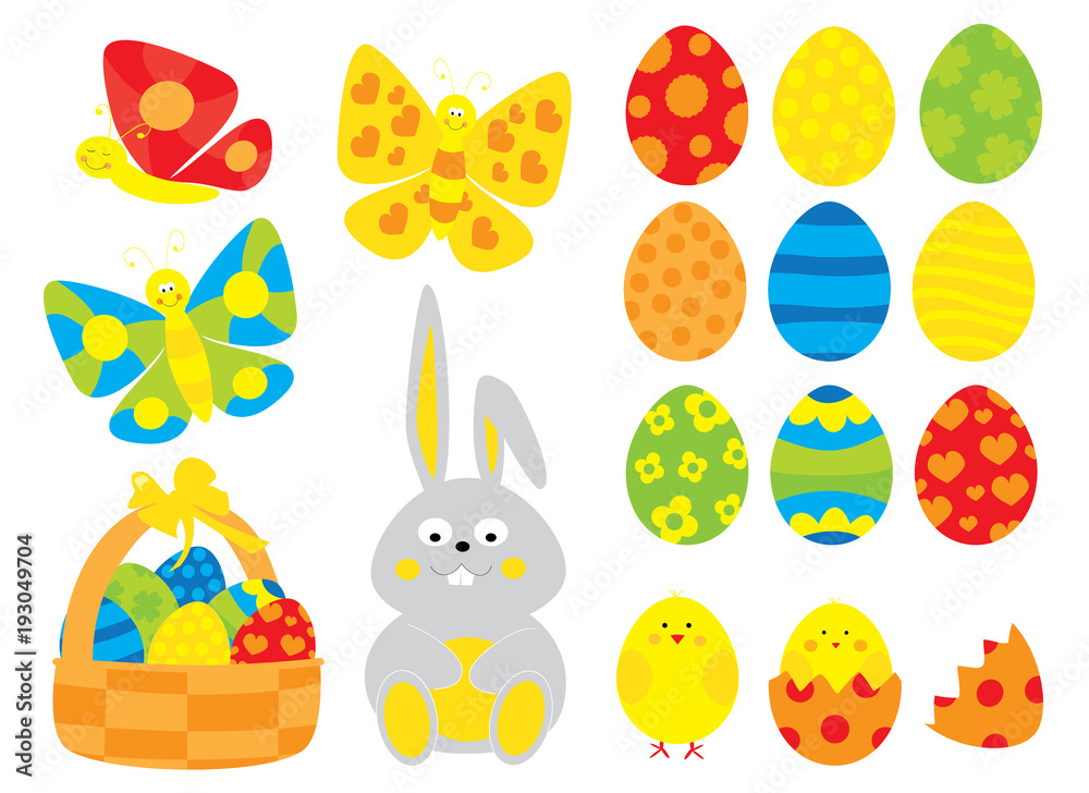 Colorful Easter eggs, chicks,butterflies and bunny collection/ simple vectors Easter objects set for children/ on white background 