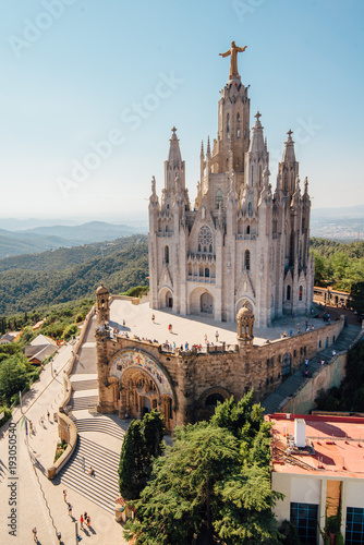 Tibidabo church on mountain in Barcelona with christ statue