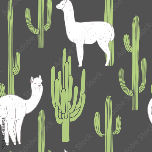 Alpacas and cacti. Vector seamless pattern